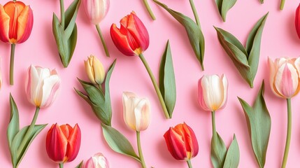 Wall Mural - Pattern of tulips on a pink backdrop