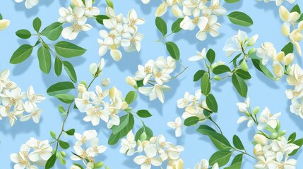 Sticker - Seamless floral pattern featuring blooming white Robinia pseudoacacia flowers leaves and seeds on a blue background from a top view