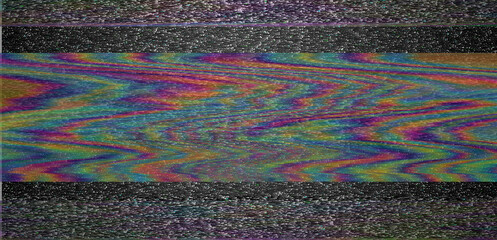 Aufkleber - Digital representation of a television screen with static interference, displaying glitchy colored lines and patterns. A monitor that shows failures, malfunctions, and lack of a clear signal.