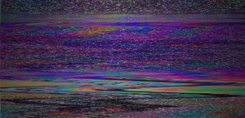 Aufkleber - Digital representation of a television screen with static interference, displaying glitchy colored lines and patterns. A monitor that shows failures, malfunctions, and lack of a clear signal.