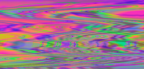 Wall Mural - Digital glitch or a distorted video signal, with sharp angles and jagged lines of iridescent colors, predominantly purple, blue, green, yellow, and orange.