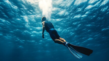 Generative AI Image of Dashing Man Free Diving with Flippers in Underwater the Sea Ocean