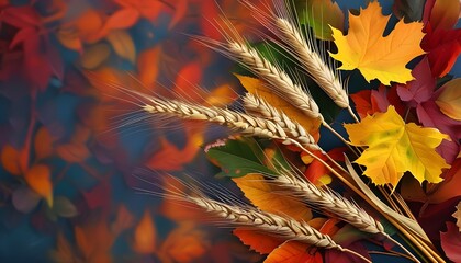 Wall Mural - Vibrant autumn leaves intertwined with golden wheat against a colorful backdrop