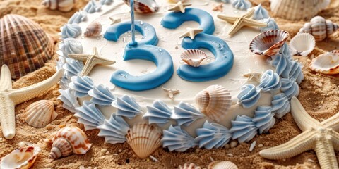 Wall Mural - A beach-themed birthday cake with the number 33 in blue icing, adorned with seashells and starfish on a sandy background.