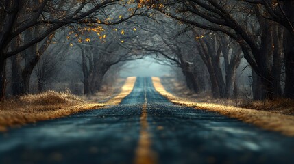 Mysterious Autumn Road Through a Canopy of Bare Trees with Golden Leaves and Foggy Background.