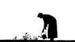 © john - silhouette of older woman using a watering can to water flowers, silhouette, black on white, white background