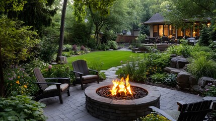 A cozy outdoor setting with comfortable chairs around an inviting fire pit, surrounded by lush greenery and a well-organized home garden, offering warmth on cool nights in the yard.