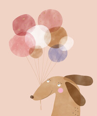 Wall Mural - cute birthday vector card with happy brown dog and air balloons. funny dog ​​holding bunch of balloo
