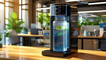 Canvas Print - Modern office water cooler enhancing employee comfort with natural light, promoting hydration and health in a sleek, inviting workspace.