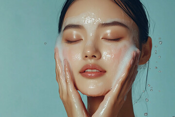 Wall Mural - Close-up of woman washing face and skin care