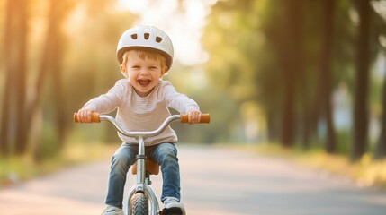 Poster - Young boy learning to ride a bicycle with a proud smile, showcasing developmental milestones.