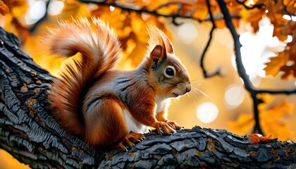 Charming portrait of a fluffy red squirrel perched on an oak tree surrounded by vibrant autumn foliage in a picturesque park