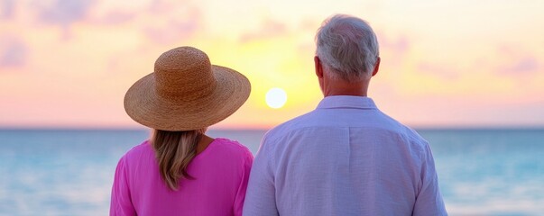 Wall Mural - An elderly couple is standing on a beach, with the sun setting in the background. They are both wearing straw hats