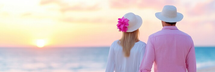 Wall Mural - An elderly couple is standing on a beach, with the sun setting in the background. They are both wearing straw hats