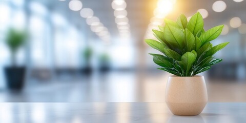 a plant pot on wooden desk with modern office interior and bright blur sunlight on background