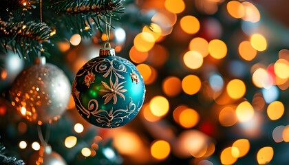 Festive Christmas tree adorned with colorful ornaments and sparkling lights against a vibrant bokeh background, celebrating the joy of winter holidays and seasonal decorations