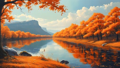 Wall Mural - Vibrant autumn foliage reflecting on a serene river under a clear sky