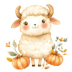 A cute cartoon sheep with horns is standing in front of a pumpkin