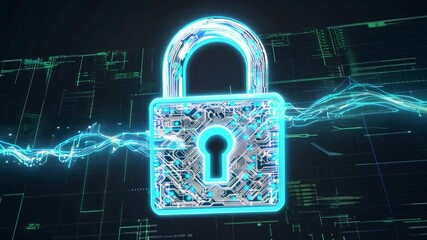 Poster - A futuristic padlock made of circuit board elements shines against a dark backdrop, highlighting the importance of data security and digital protection in modern technology.