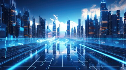 Wall Mural - Futuristic city skyline with glowing blue digital road leading to horizon.