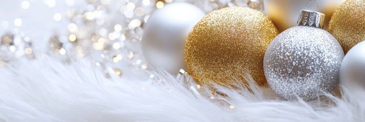 Wall Mural - Sparkling gold and silver Christmas ornaments rest on soft white fur, creating festive and cozy atmosphere perfect for holiday season