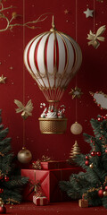 Poster - A festive hot air balloon with red and white stripes floats above beautifully wrapped gifts and decorated Christmas trees, creating joyful holiday atmosphere