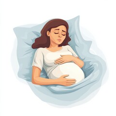 A pregnant woman lies awake and restless in bed, her hand gently resting on her belly, conveying the struggles of sleepless nights during pregnancy