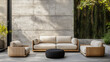 © JuanM - Modern outdoor seating area with stylish furniture and lush greenery in a serene urban environment