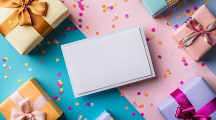 A festive arrangement of vibrant gift boxes and confetti surrounds a blank white card on a colorful background, perfect for celebrations.
