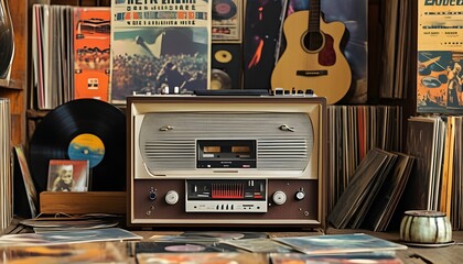 Nostalgic music corner featuring a retro tape player, surrounded by vinyl records and vibrant concert posters celebrating music memorabilia and cultural history.