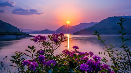 Wall Mural - _Sunset_Flowers_Lake_river_Mountain_beautiful_scen