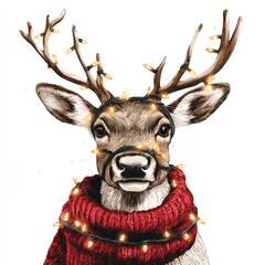 This playful reindeer adorned with a red scarf and colorful Christmas lights brings joy and festive spirit, ideal for holiday themes and decorations