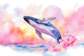 Watercolor painting of a blue whale swimming gracefully in the ocean.