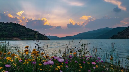 Wall Mural - _Sunset_Flowers_Lake_river_Mountain_beautiful_scen