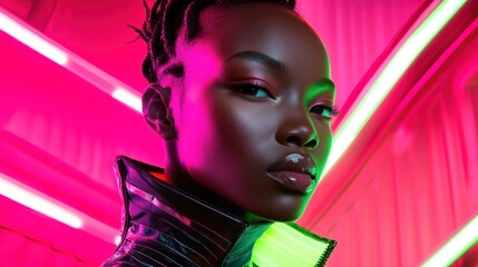 Wall Mural - A close-up portrait of a model with striking makeup against a vibrant neon background.