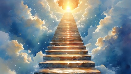 Ethereal stairway ascending through illuminated clouds towards a glowing portal, symbolizing transcendence, hope, enlightenment, and a divine path in watercolor.