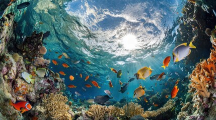 Vibrant underwater scene showcasing diverse marine life and coral reefs illuminated by sunlight.