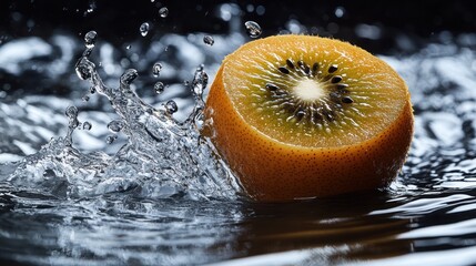 Wall Mural - A sliced kiwi splashes into water, creating dynamic droplets and highlighting freshness.