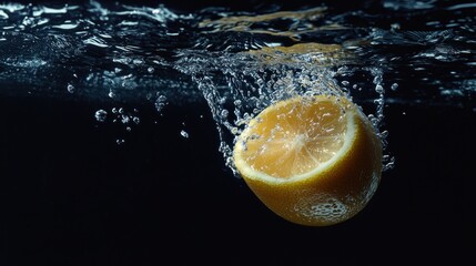 Poster - A lemon splashes into water, creating bubbles and ripples against a dark background.