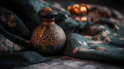 Canvas Print - A decorative perfume bottle on a textured fabric backdrop, evoking luxury and culture.