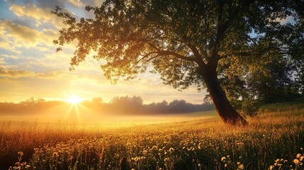 Wall Mural - Solitary Tree in a Field of Wildflowers at Sunset