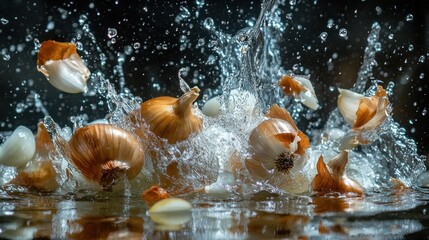 Poster - Onions splashing in water, creating dynamic visual effects.