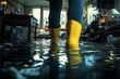 © Ben - A person wading through floodwaters inside their home, wearing yellow rubber boots and splashing as they attempt to salvage belongings amidst the chaos of inundated furniture and possessions.