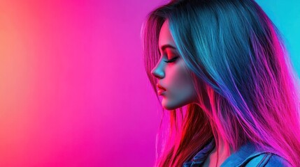 Wall Mural - A profile of a young woman illuminated by vibrant pink and blue lights.