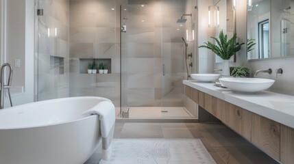 Canvas Print - Modern Bathroom Design with Tub and Double Vanity