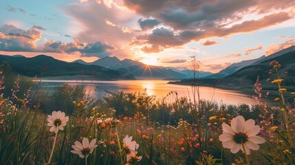 _Sunset_Flowers_Lake_river_Mountain_beautiful_scen