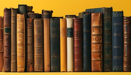 Wall Mural - Vintage book stack on vibrant yellow background emphasizing literature diversity and reading passion with ample space for text