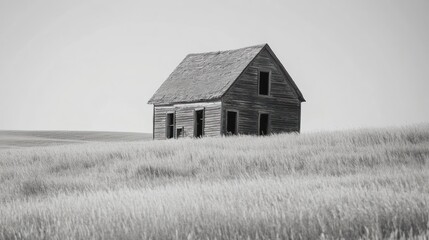 Poster - A solitary, weathered house stands amidst a vast, grassy landscape in black and white.