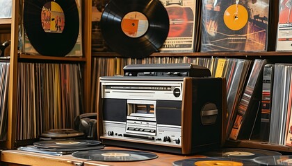 Nostalgic music corner featuring a retro tape player, surrounded by vinyl records and vibrant concert posters celebrating music memorabilia and cultural history.