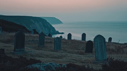 A serene graveyard overlooking a misty coastline at dusk.